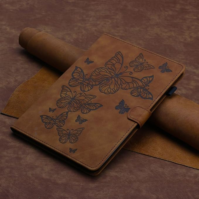 KEROM Case for Samsung Galaxy Tab A9+ Plus 11 Inch 2024 2023 (SM-X210/X216/X218), Embossed Suede Leather Folio Stand Cover with Auto Wake/Sleep & Card Slot & Pen Holder - Brown Butterfly Embossing