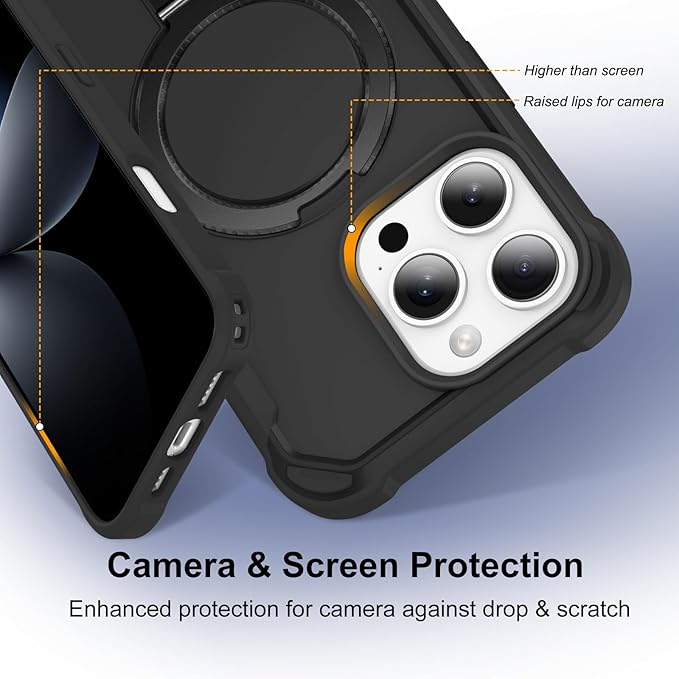 Compatible with iPhone 16 Pro max Case with Invisible Magnetic Ring Stand [Compatible with Magnetic] [Military Drop Protection] Shockproof Hard Back Soft Edge Promax Case 6.9 Inch, Black