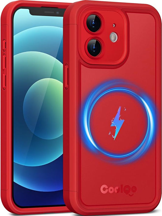 COOLQO Magnetic for iPhone 12 Case, Compatible with MagSafe, Dual Layer Design Military Grade Protection, Translucent Matte Scratch-Resistant Back Protective Shockproof Phone Case, Red