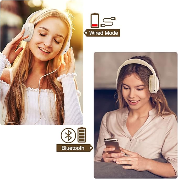 SN-A2 Headphones Wireless Bluetooth with Mic,Lightweight On Ear Headphone, Bluetooth 5.3, 20H+ Playtime,Portable Wired and Wireless Headphones for School, Travel, Gym - Beige