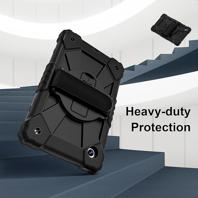 for Samsung Galaxy Tab A9 Case 8.7 inch (SM-X110/X115/X117), Heavy Duty Shockproof Silicone Cover Rugged 360 Stand Hand Shoulder Strap for Galaxy A9 Tablet Black+Black