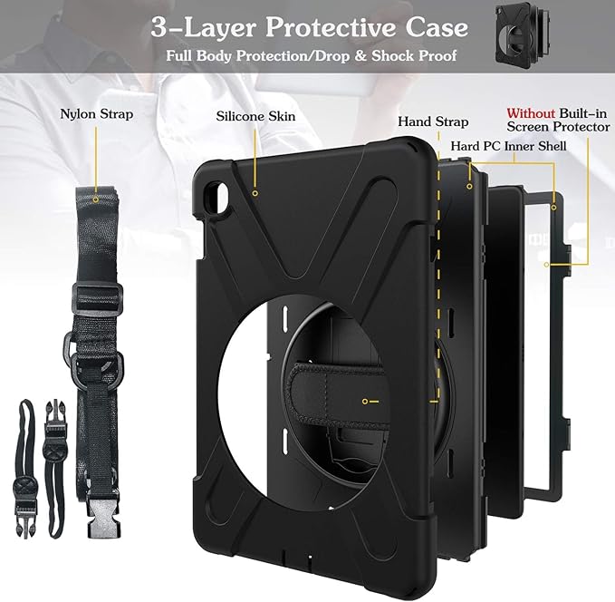 DreamerX for Samsung Galaxy Tab S5e Case 10.5 inch 2019 SM-T720/T725/T727, Shockproof Kids Drop Protective Cover w/ 360 Rotating Hand Strap Multi Stand Angles Carrying Shoulder Strap Pen Holder, Black