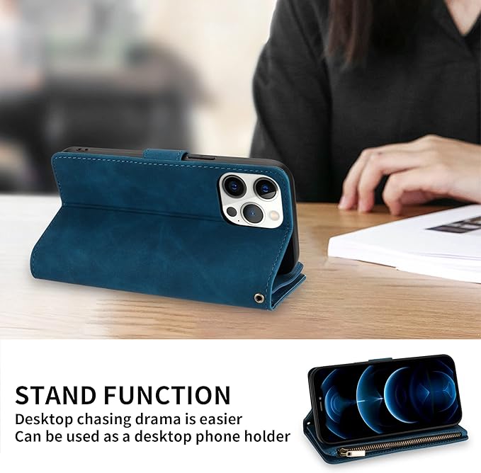 ZZXX for iPhone 12 Case Wallet with Card Slot Premium Soft PU Leather Zipper Flip Folio Wallet with Wrist Strap Kickstand Protective for iPhone 12 (Blue 6.1 inch)