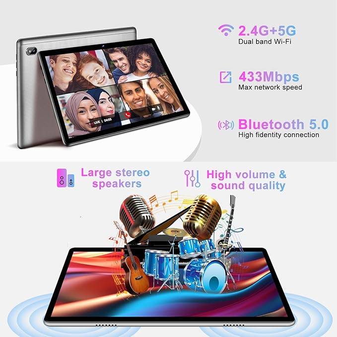 Tablet 10 inch 2025 Android 13 Octa-Core 2.0 GHz with 12GB RAM 128GB ROM TF 1TB, 5G WiFi, 6000mAh, FHD IPS Touchscreen, Bluetooth 5.0, 1280 * 800, 5+8 MP, 2 in 1 Tablet with Keyboard and Mouse, Silver