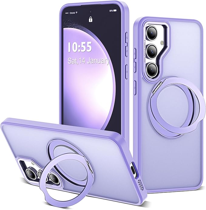 for Samsung Galaxy S23 FE Case with 360° Rotatable Magnetic Ring Stand Compatible with Mag-Safe Military Protection Shockproof Matte Translucent Phone Case for Galaxy S23 FE,Purple