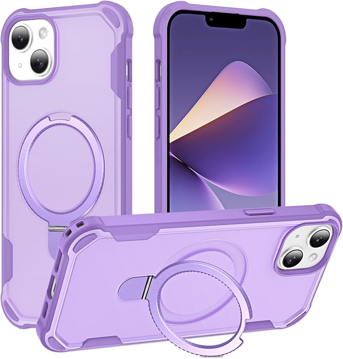 Compatible with iPhone 13 Case & iPhone 14 Case with Invisible Magnetic Ring Stand [Compatible with Magnetic] [Military Drop Protection] Shockproof Slim Hard Back Soft Edge 6.1 Inch, Purple