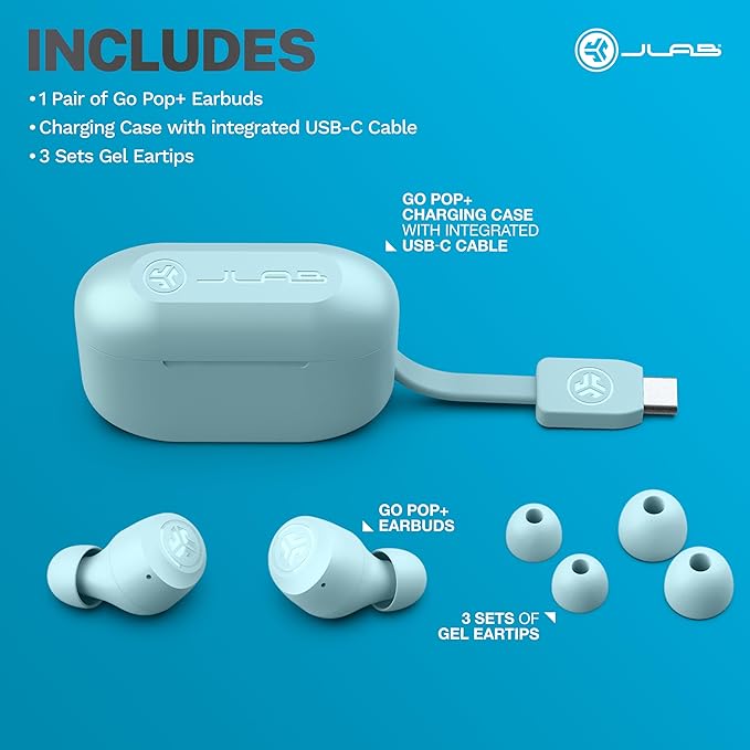 JLab Go Air Pop+ True Wireless Bluetooth Earbuds in Light Blue Plus Cloud Foam Mnemonic Earbud Tips