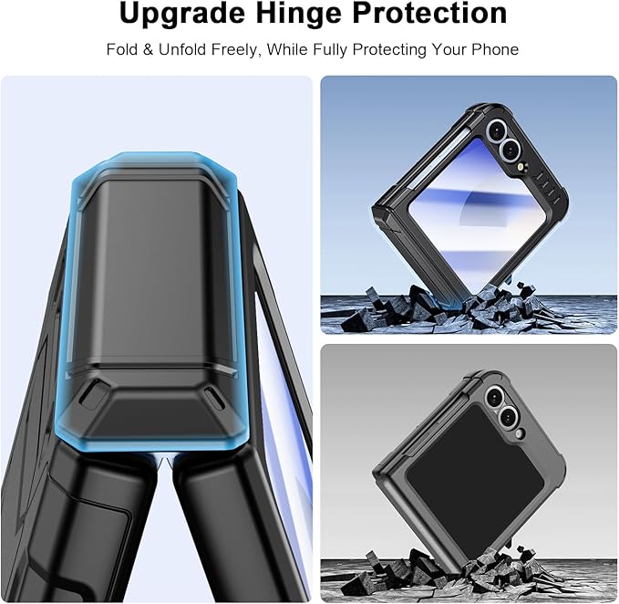 Military-Grade Protection ZFlip 6 / ZFlip 7 FE Case for Samsung Galaxy Z Flip 6 & Flip 7 FE: Shockproof TPU Frame, Hinge Protection, Glass Screen Protector, Anti-Slip Rugged Phone Cover (Black)