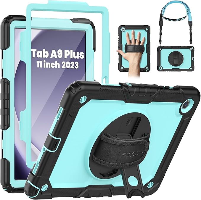 SEYMAC Case for Samsung Galaxy Tab A9+/ A9 Plus 11" (SM-X210/X216/X218), Heavy Duty Shockproof Protective Case with Screen Protector, Rotating Stand and Hand/Shoulder Strap, Light Blue
