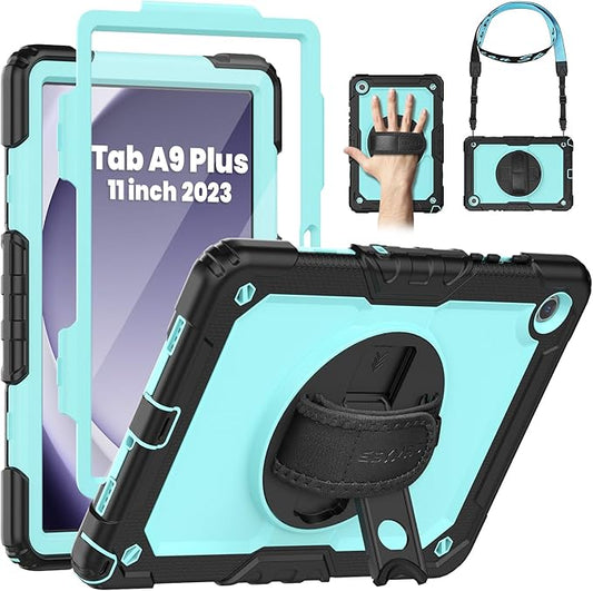 SEYMAC Case for Samsung Galaxy Tab A9+/ A9 Plus 11" (SM-X210/X216/X218), Heavy Duty Shockproof Protective Case with Screen Protector, Rotating Stand and Hand/Shoulder Strap, Light Blue