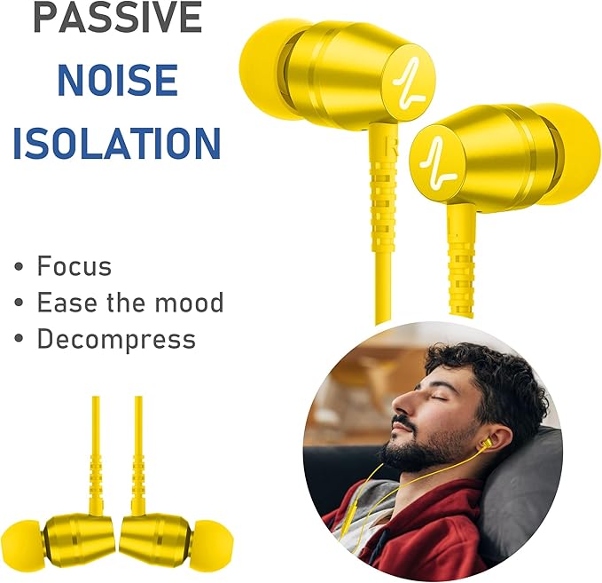 LUDOS OMNITONE Wired Earbuds in-Ear Headphones, 5 Years Warranty, Earphones with Microphone, 3.5 mm Jack Corded Ear Buds, Videoconference for iPhone, Samsung, Laptop, Kids, School Students - Yellow