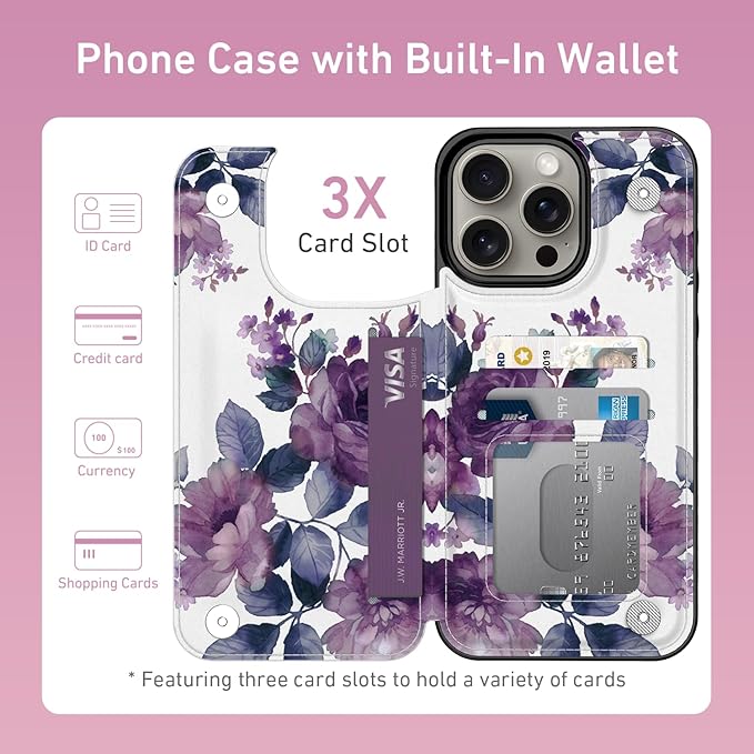 FUNMIKO for iPhone 13 Pro Wallet Case with Card Holder, RFID-Blocking, Military-Grade Protection & UV-Printed Artwork, Magnetic Closure with Leather Kickstand - Elegant Purple Floral