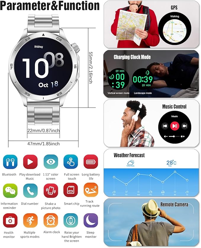 Smart Watch for Men, GPS Sports Mens Smartwatch, 1.53" HD Screen IP67 Waterproof, Answer/Make Call, Heart Rate Monitor, Sleep Tracking, Fitness Tracker, Compatible for Android iOS (Silver X2Max)