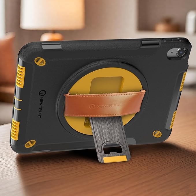 Rugged Case for iPad Air 11 Inch M3 2025/M2 2024 (7th/6th Generation), Built-in Screen Protector/w Genuine Leather Strap, Kickstand, Shoulder Strap (Torque Yellow, for iPad Air 11 7th/6th Gen M3/M2)