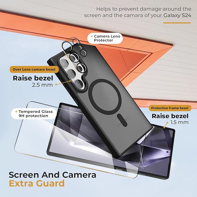 MOTIVE Compatible with Samsung Galaxy s24 Ultra Case with Belt Clip, [Military Grade] with Screen Protector & Camera Lens Protector, Translucent Matte s24 Ultra Holster Case 6.8” | Black