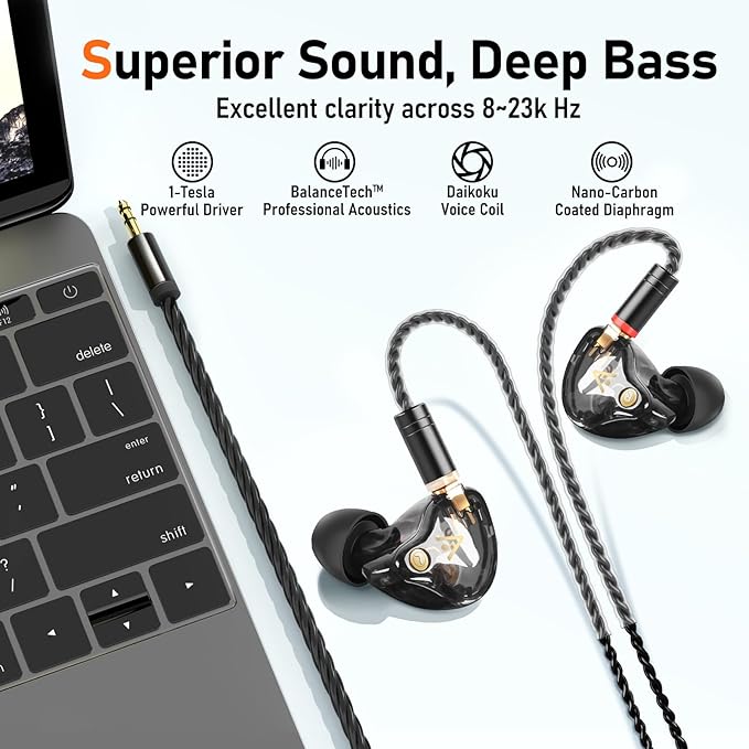 Vibes 202 Wired Earbuds - HiFi in Ear Monitor Headphones – Professional Noise-Isolating Ear Buds - Clear Sound, Deep Bass & Comfort-Fit IEM Earphones - MMCX to 3.5mm, Silver Plated Cord, Carrying Case