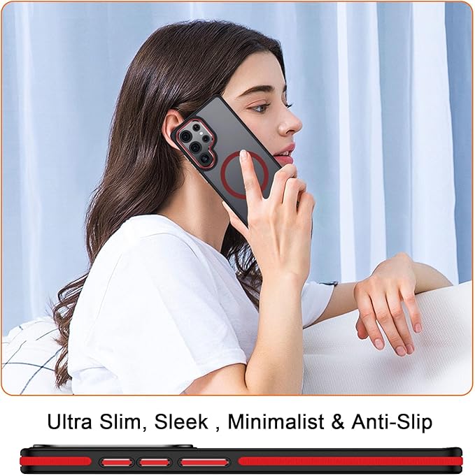 for Samsung Galaxy S25 Ultra Case, Shockproof S25 Ultra Phone Case with Kickstand, Anti-Skid Case Fits for Magsafe, Camera Frame with Raised Protection for Galaxy S25 Ultra Cover (Black/Red)