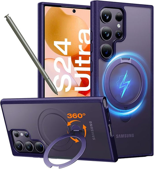 TORRAS 360°Spin Magnetic Stand for Samsung Galaxy S24 Ultra Case, Compatible with Magsafe, Shockproof Military Grade Protective Slim Galaxy S24 Ultra Phone Case with Kickstand & Ring Holder, Purple