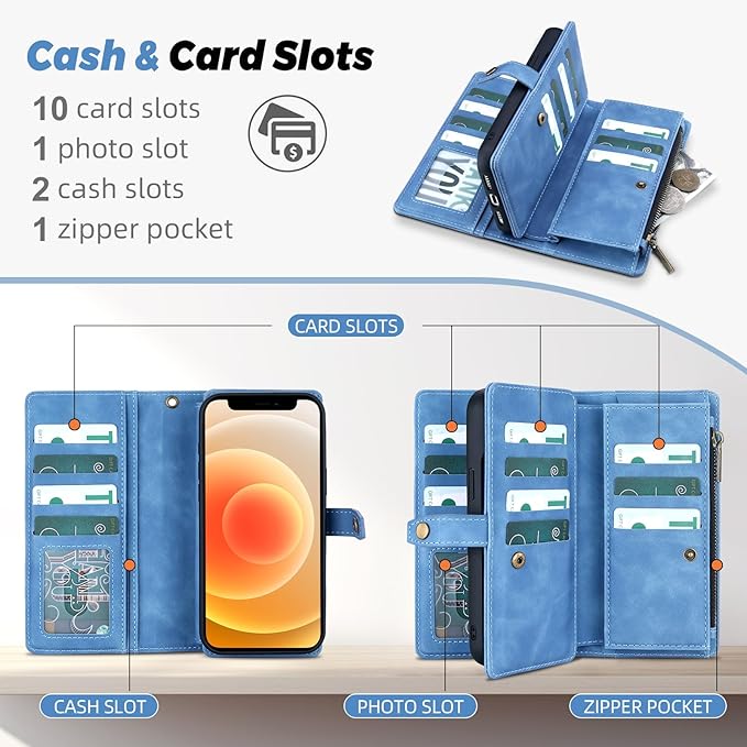 TwoHead for iPhone 12/12 Pro Wallet Case with Card Holder & Detachable Magnetic Phone Case,Leather All-Round Protection Phone Case for Women/Men,6.1IN,Sky Blue