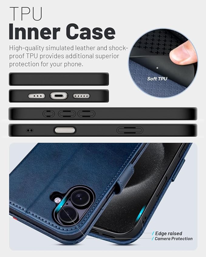 OCASE Compatible with iPhone 16 Wallet Case, PU Leather Flip Folio Case with Card Holders RFID Blocking Kickstand [Shockproof TPU Inner Shell] Phone Cover 6.1 Inch 2024, Spliced Blue