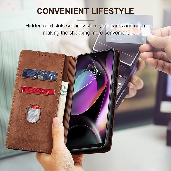 Jasonyu Flip Wallet Case for Moto G 5G (2022),Leather Magnetic Folio Cover with Card Holder,Kickstand - TPU Shockproof Durable Protective Phone Case,Brown