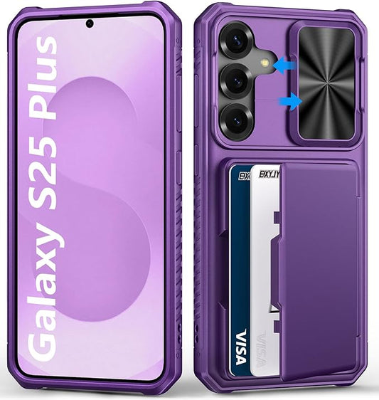 for Samsung Galaxy S25+ Plus Wallet Case, Card Holder (4-5 Cards), RFID Block, Slide Lens Cover, Military Grade Drop, Rugged Heavy Duty Men Women Phone Case for Samsung Galaxy S25 Plus, Purple