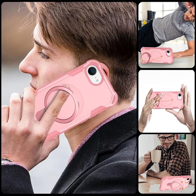 Designed for iPhone 16E Case with Magnetic Stand [Military Drop Protection][Compatible with Magnet] Shockproof 16E Phone Case with Ring Holder, Pink