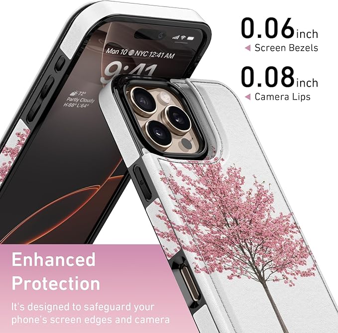 FUNMIKO for iPhone 16 Pro Wallet Case with Card Holder, RFID-Blocking, Military-Grade Protection & UV-Printed Artwork, Magnetic Closure with Leather Kickstand - Blooming Cherry Tree