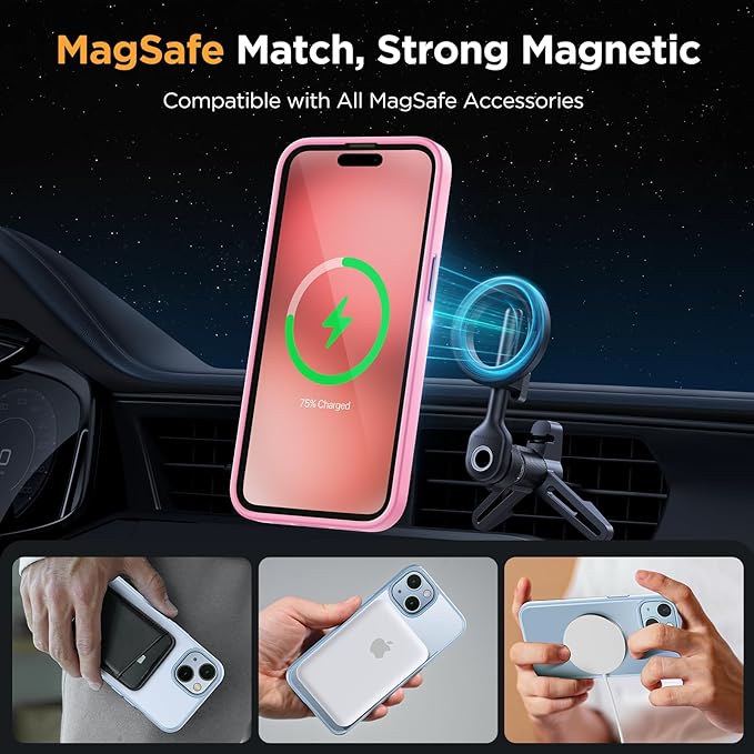 Miracase Magnetic for iPhone 15 Plus Case 6.7 inch (Compatible with MagSafe)（with 2X Screen Protectors） Military-Grade Protection, Anti-Fingerprint Translucent Matte Phone Cover, Mes Pink