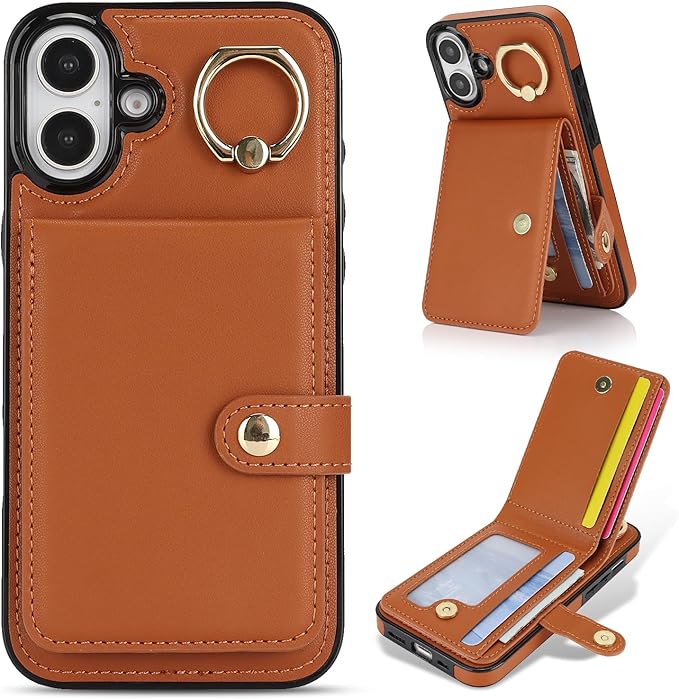 Compatible iPhone 16 Plus Wallet Case with Card Holder RFID Blocking PU Leather Doubles as a Wallet Unisex Flip Shockproof Protection with Card Slots Ring Wrist Kickstand Function,Brown