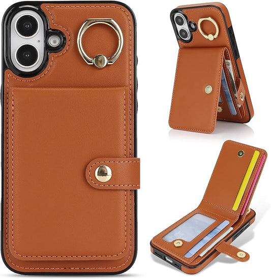 Compatible iPhone 16 Wallet Case with Card Holder RFID Blocking PU Leather Doubles as a Wallet Unisex Flip Shockproof Protection with Card Slots Ring Wrist Kickstand Function,Brown