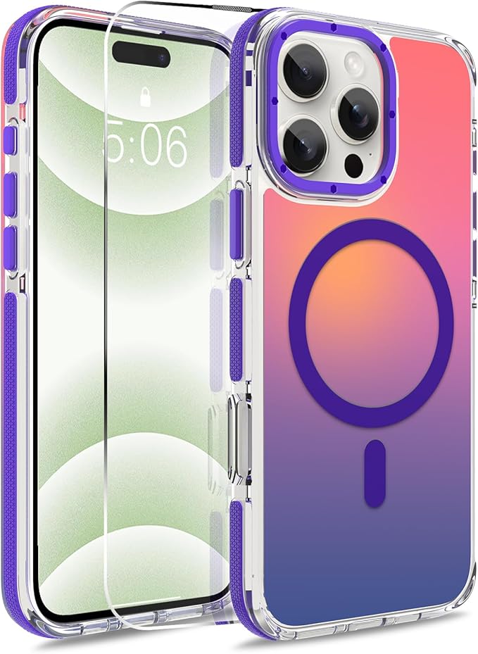 MOWIME Magnetic Case for iPhone 16 Pro [Compatible with Magsafe] [Cute Fashion Fluorescent Design] [1 Screen Protector] Slim Translucent Matte Case for iPhone 16 Pro 6.3" 2024, Purple