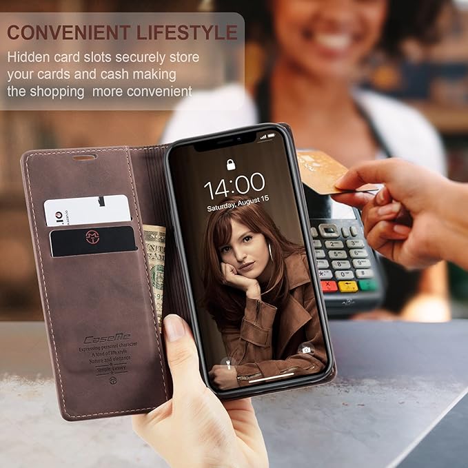 for iPhone XR 6.1-Inch Case, Flip Wallet Leather Case with Card Holder Magnetic Closure Shockproof Kickstand Protective Phone Cases Cover for iPhone XR, Coffee