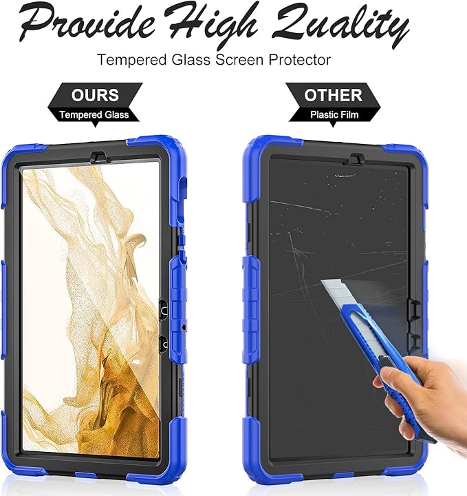 Case for Samsung Galaxy Tab S8/S7 11-inch 5G Tablet Case 2022/2020 [with Tempered Glass Screen Protector], 360° Rotating Kickstand/Hand & Shoulder Strap/S Pen Holder (Blue)