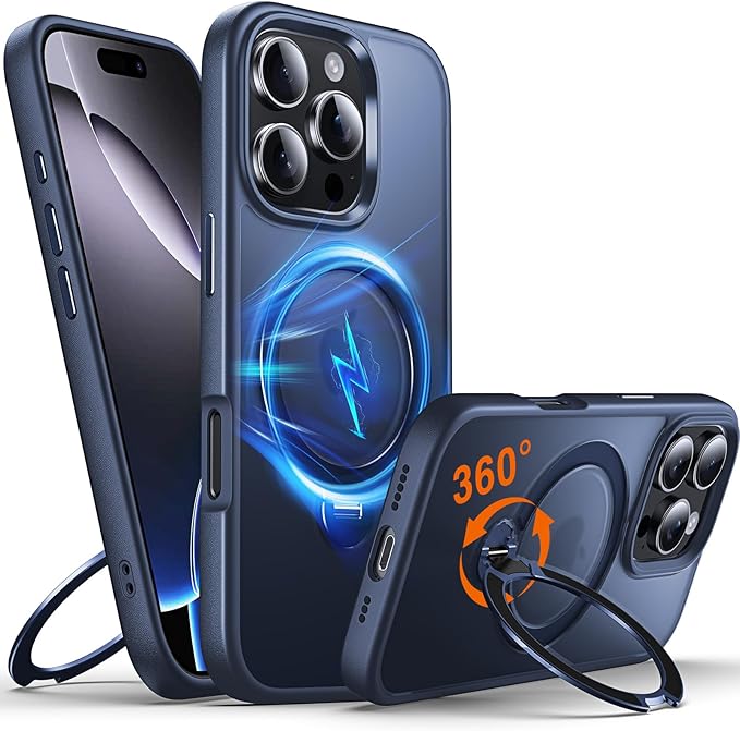 360° O-Ring MagStander for iPhone 16 Pro Case with Magnetic Kickstand Ring Holder [Compatible with MagSafe][360°Rotate Stand Ring][Military Shockproof] iPhone 16 Pro Phone Cover Matte Blue