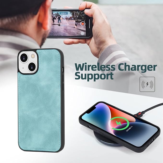 TwoHead Designed for iPhone 13 Wallet Case with Card Holder,Detachable Magnetic Phone Case with Wallet PU Leather Wallet Phone Case for iPhone 13 Case Wallet for Women/Men with Wrist Strap(Blue)