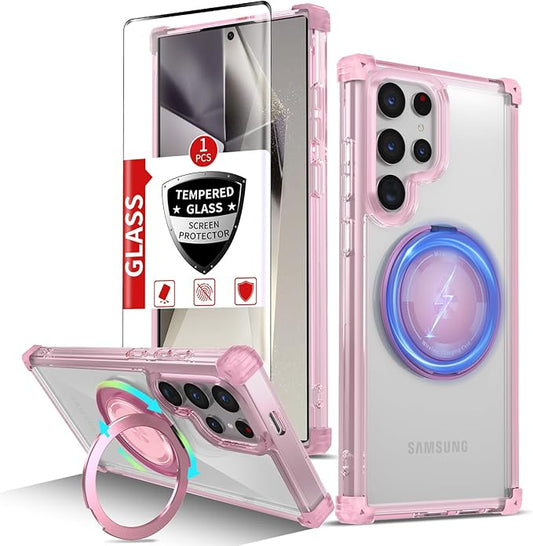 for Samsung Galaxy S24Ultra Case Compatible Wireless Charging Magnetic,with Screen Protector,for S24Ultra Phone Case with Stand Ring Military Grade Shockproof Heavy Duty Protection Green Pink