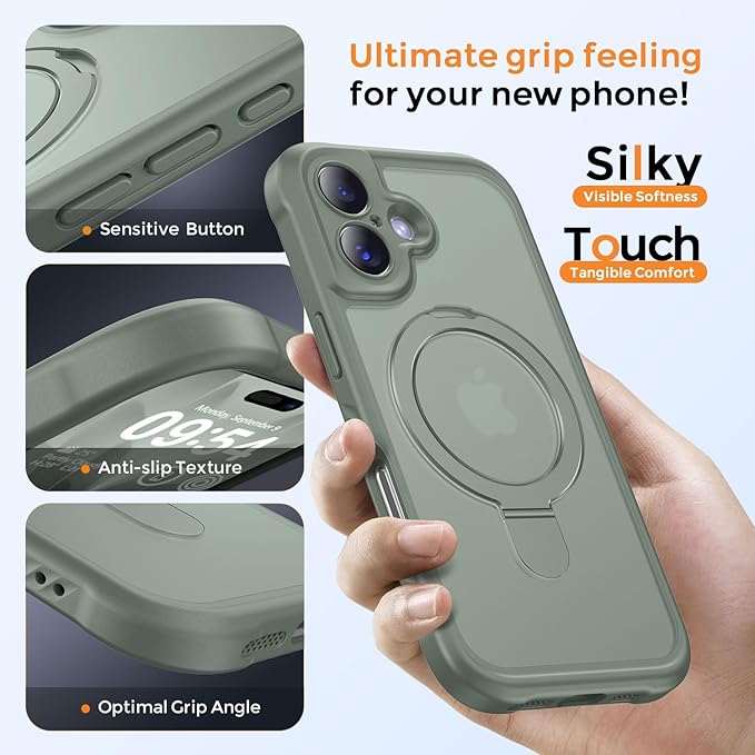 MOCCA Compatible with iPhone 17 Case with Magnetic Invisible Stand [Full Camera Protection] [Compatible with Magsafe] Military Drop Shockproof Translucent Matte Phone Case Cover 6.3",Calke Green