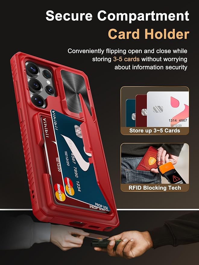 Vihibii for Samsung Galaxy S25 Ultra Wallet Case with Card Holder (4 Cards), [RFID Blocking] & Slide Camera Lens Cover & Raised Edges Protect Screen, Shockproof Cover for Samsung Galaxy S25 Ultra, Red