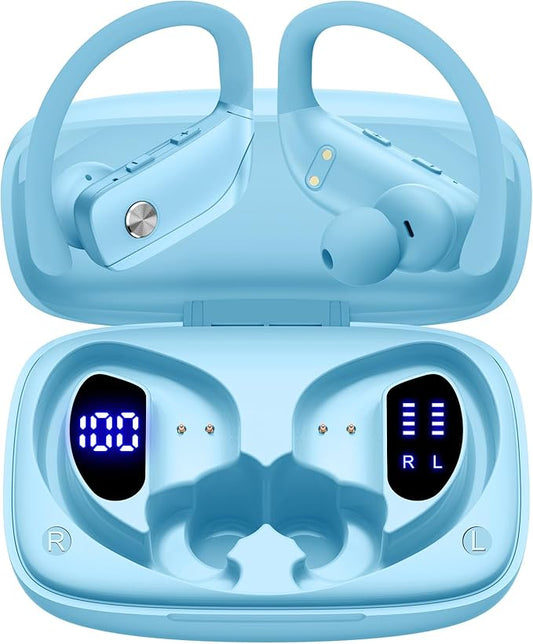 bmani Ear Buds Wireless Earbuds Bluetooth Headphones with 80H Playtime LED Display Case, Over-Ear Hook with Mic, Stereo Sound, Easy Button Controls, Sports Earphones for Running Workout Sky Blue