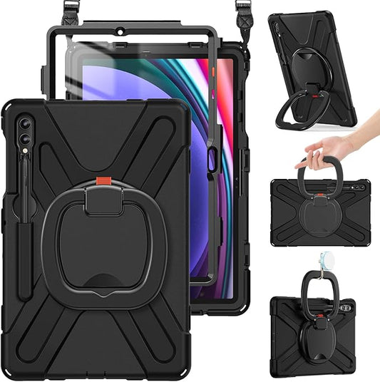 BRAECN Case for Samsung Galaxy Tab S10+/S9 FE+/S9+ Plus 12.4 Inch, Heavy Duty Silicone Case with Screen Protector, S Pen Holder, Stable Kickstand,Shoulder Strap for Galaxy Tab S8+/S7 FE/S7+, Black