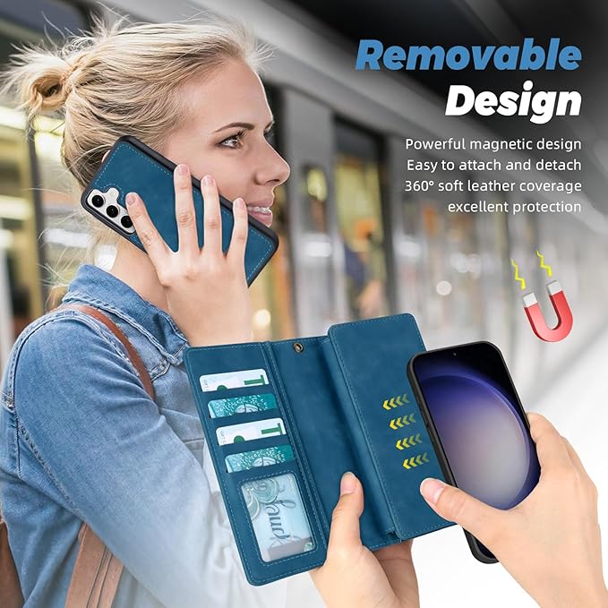 TwoHead for Samsung Galaxy S23 Wallet Case with Card Holder & Detachable Magnetic Phone Case for Galaxy S23,PU Leather Shockproof Protective Phone Cover Wallet with Wrist Strap(6.1 in,Navy Blue)
