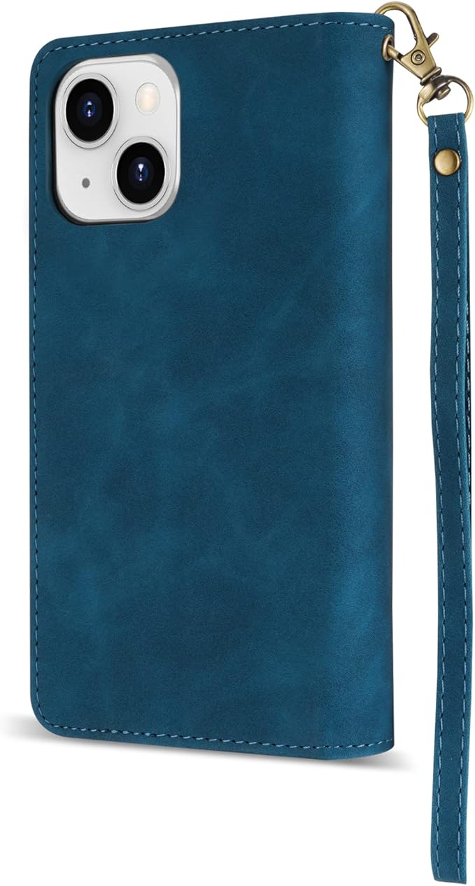 ZZXX for iPhone 14 Plus Case Wallet with [RFID Blocking] Card Slot Premium Soft PU Leather Zipper Flip Folio with Wrist Strap Kickstand Protective Cover for iPhone 14 Plus Wallet Case(Blue-6.7 inch)