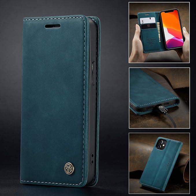 for iPhone 12 Mini Case 5.4", Flip Wallet Leather Case with Card Holder Magnetic Closure Shockproof Kickstand Protective Phone Cases Cover for iPhone 12 Mini,Blue-Green