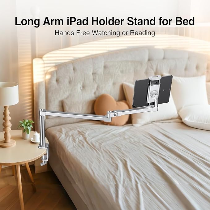 elitehood iPad Holder Stand for Desk & Bed, 28-inch Tablet Arm Mount with Clamp, Easy Adjustable Aluminum iPad Desk Mount for Office Home, Compatible with 4/7-13in Tablets and Cell Phones, Sliver