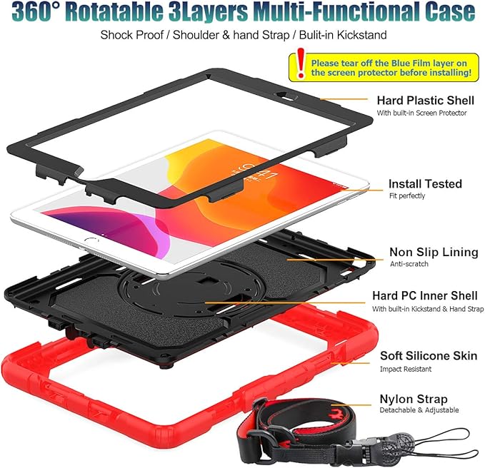 SEYMAC stock Case for iPad 9th/ 8th/ 7th Generation 10.2'', Shockproof with Screen Protector, Pencil Holder [360° Rotating Hand Strap] & Stand, for iPad 10.2 inch 2021-2019 (SiliconeRed+Black)