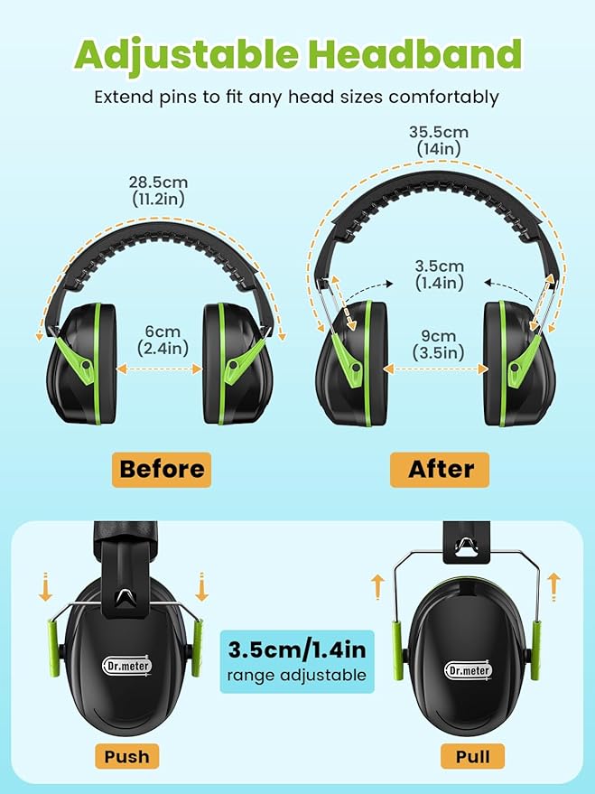 Dr.meter Hearing Protection Ear Muffs, 31dB Noise Reduction Safety Earmuffs for Adults Kids Autism Sensory, Range Ear Protection Earmuff for Mowing, Concentration and Garden Work