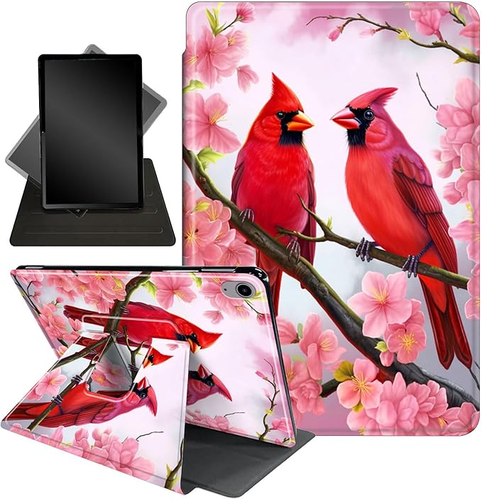 Case for Lenovo Tab P11 Plus Case 2021 (TB-J616F / J616X), 360 Degree Rotating Folding Stand,with Auto Sleep/Wake Case for Lenovo Tab P11 11” 2020 (TB-J606F TB-J606X),Red Birds Pink Flowers