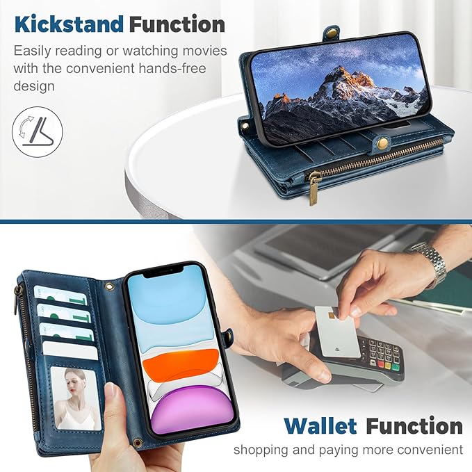 for iPhone 11 Wallet Phone Case with 7 Card Holder,RFID Blocking | PU Leather | Kickstand | Flip | Wrist Strap&Shoulder Strap | Shockproof | Zipper Wallet | Women Men | 6.1" | Blue