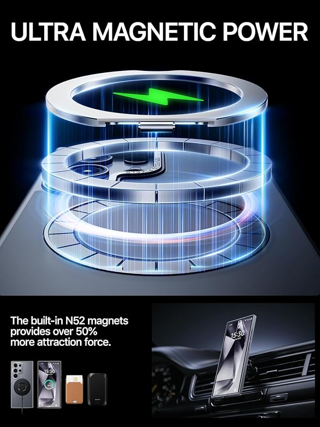 QTlier for Samsung Galaxy S24 Ultra Case, 360° Rotatable Magnetic Ring Stand Case, [Military-Grade Protection] [Raised Camera Frame] Case for Samsung Galaxy S24 Ultra, Matte Translucent Grey